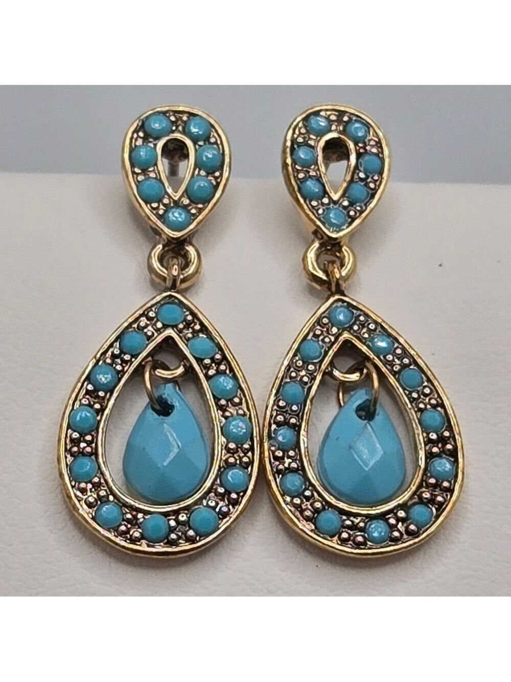 Monet Faux Turquoise Drop Earrings Gold Tone Teardrop Small Cute Beach